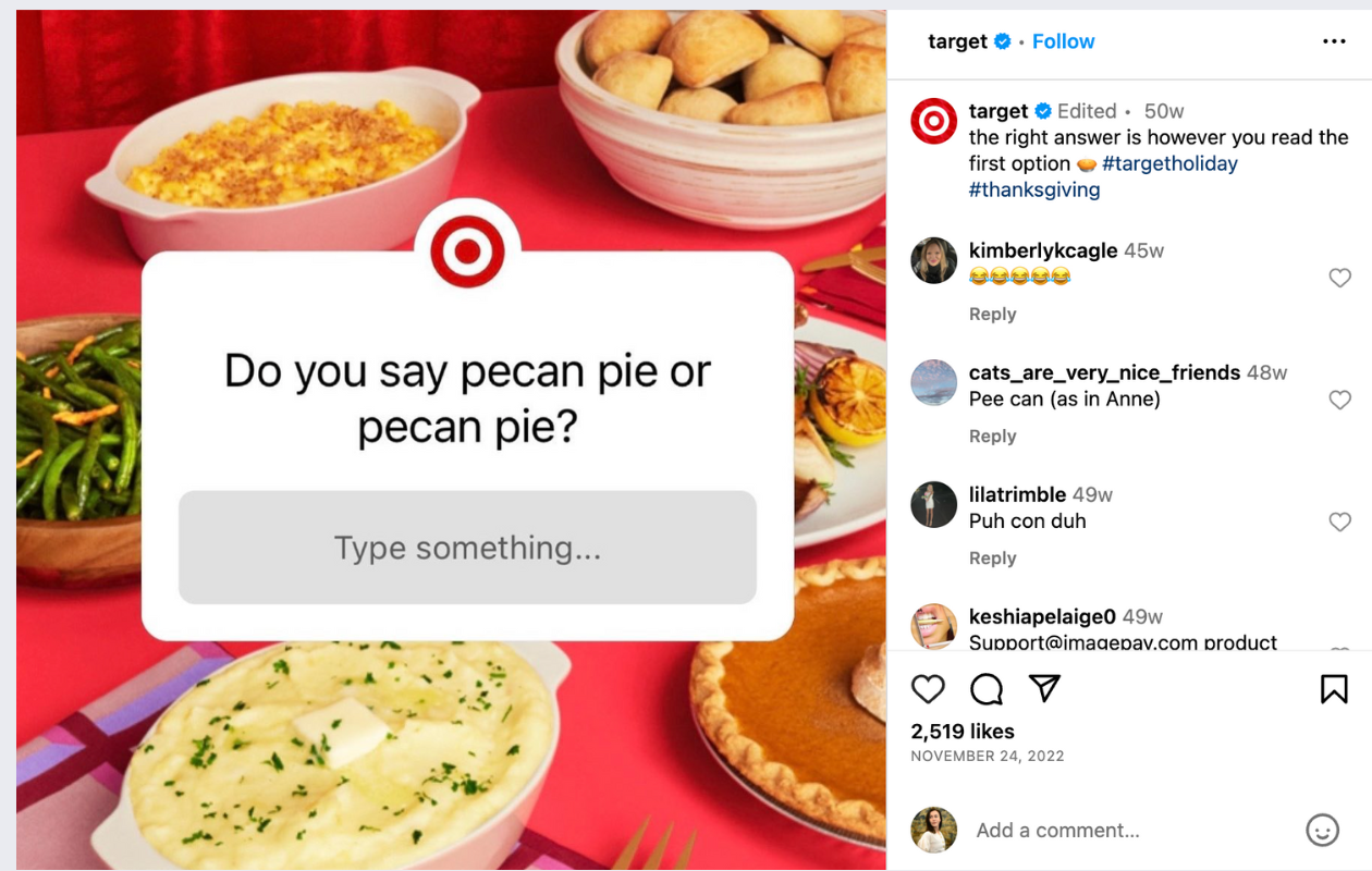 screenshot from target's thanksgiving post from last year with a lot of thanksgiving courses on a table