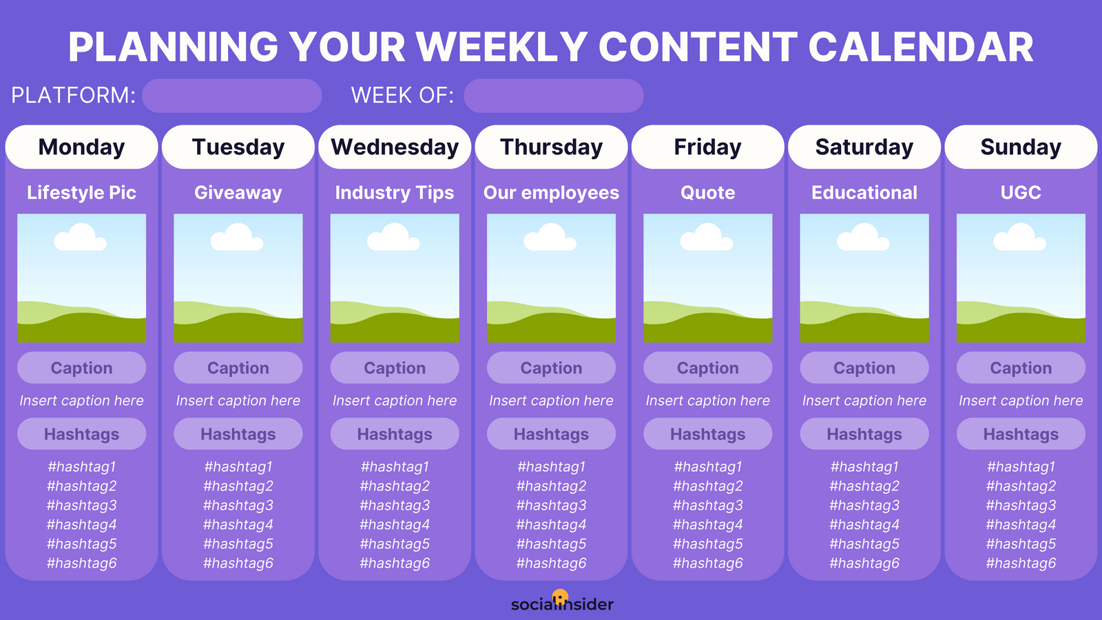 visual with a purple background showing how to plan your weekly content calendar
