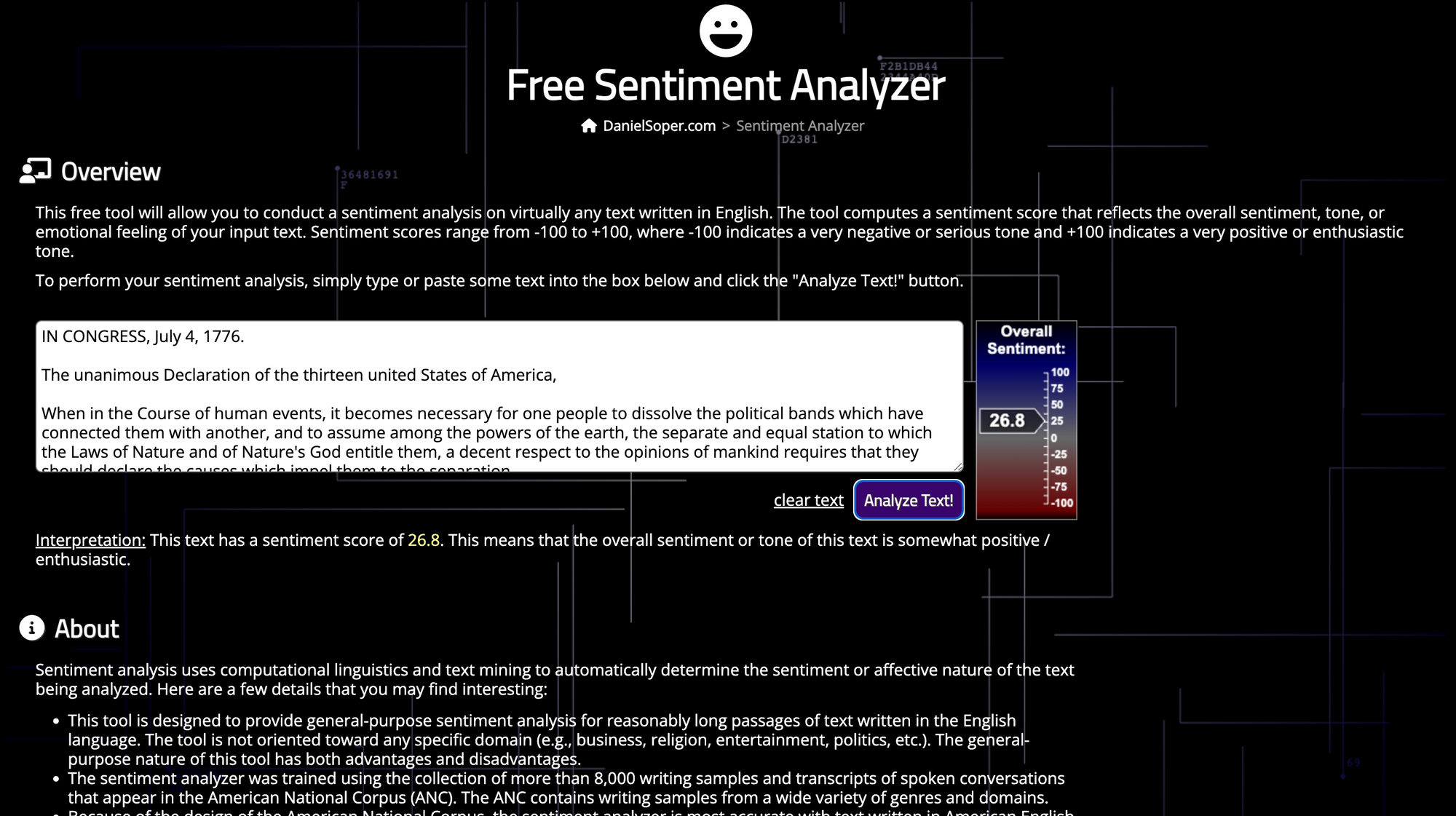 screenshot from the main page of sentiment analyzer