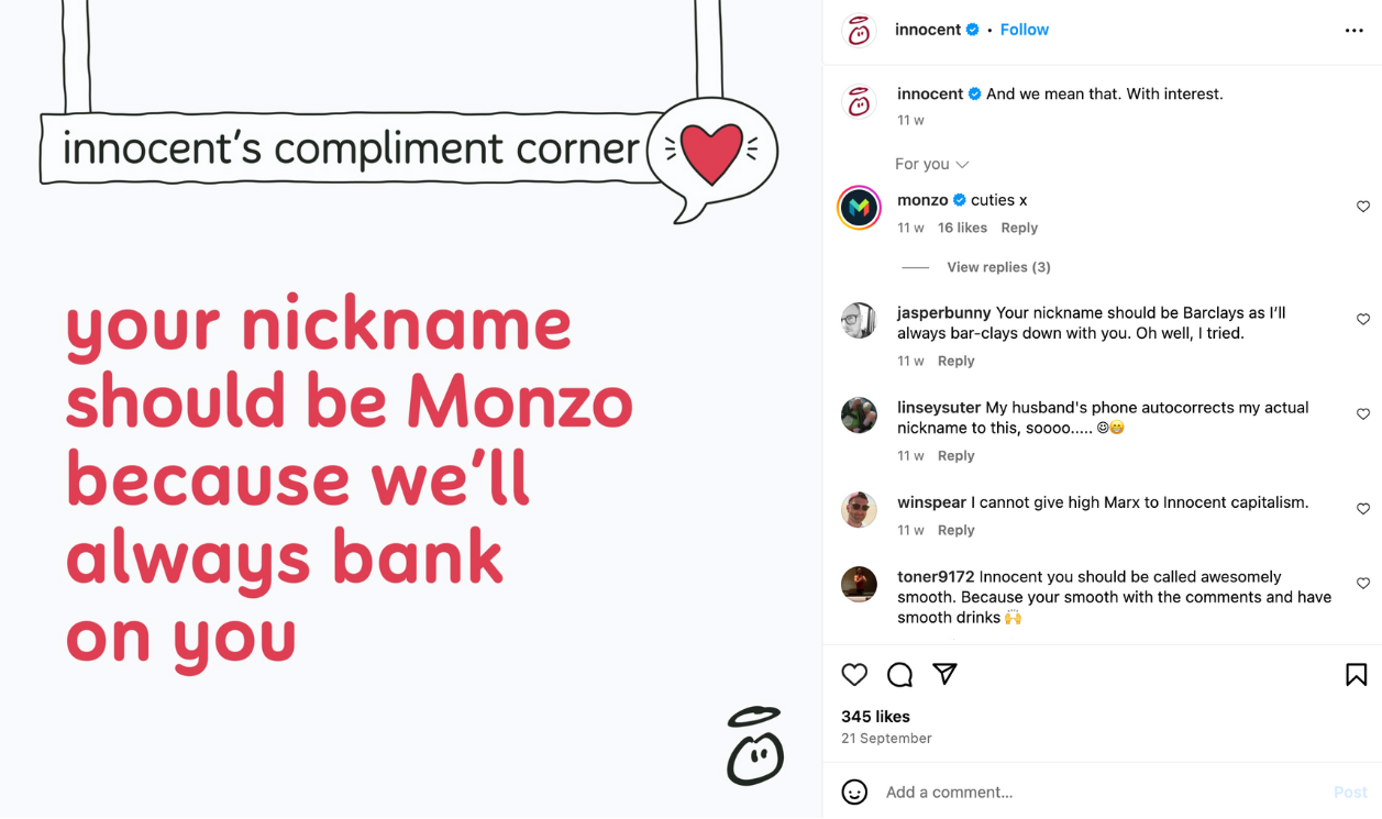 innocent shoutout to monzo instagram