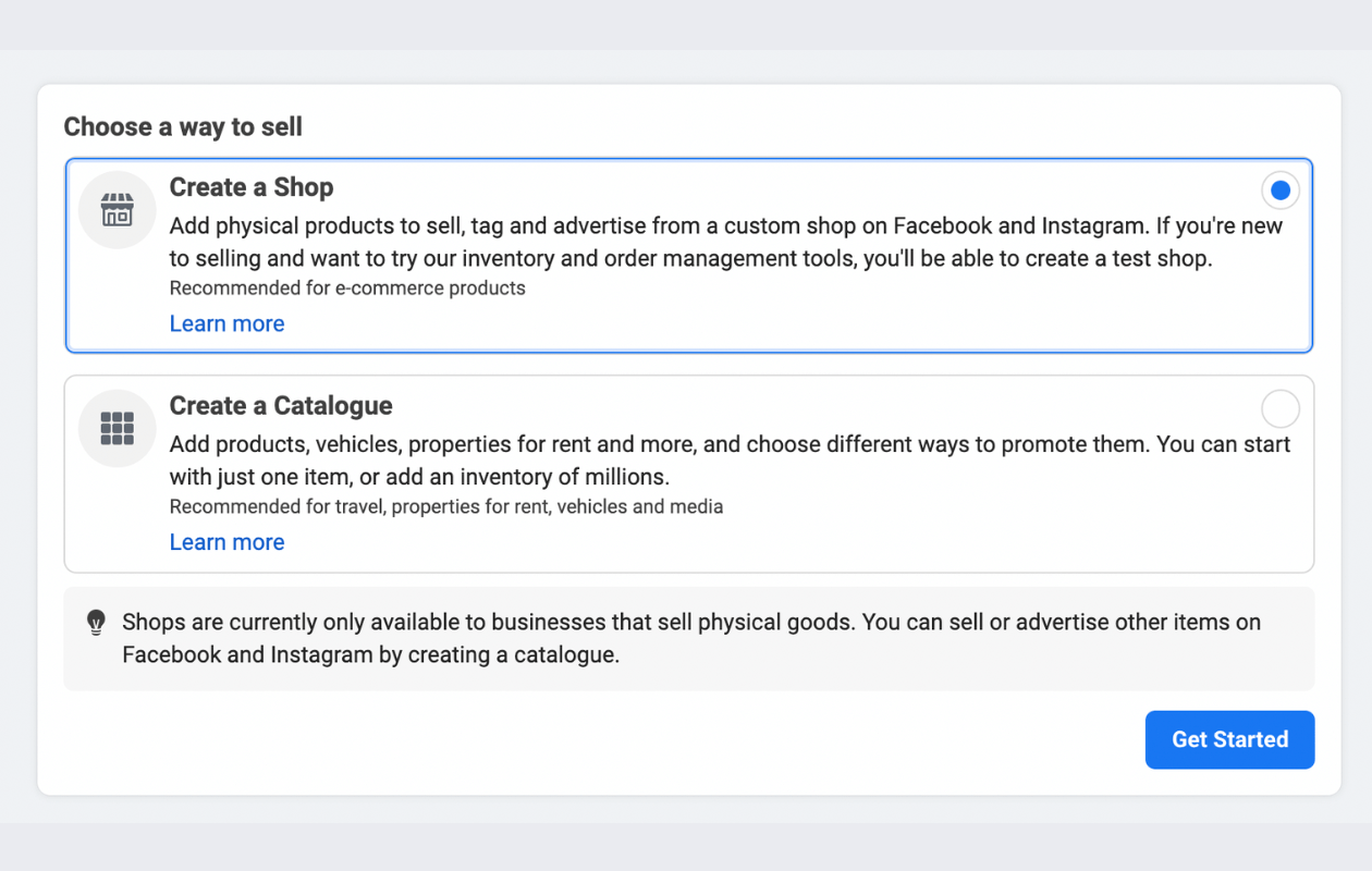 this is a screenshot from facebook commerce manager showing a menu from which you can choose the way to sell