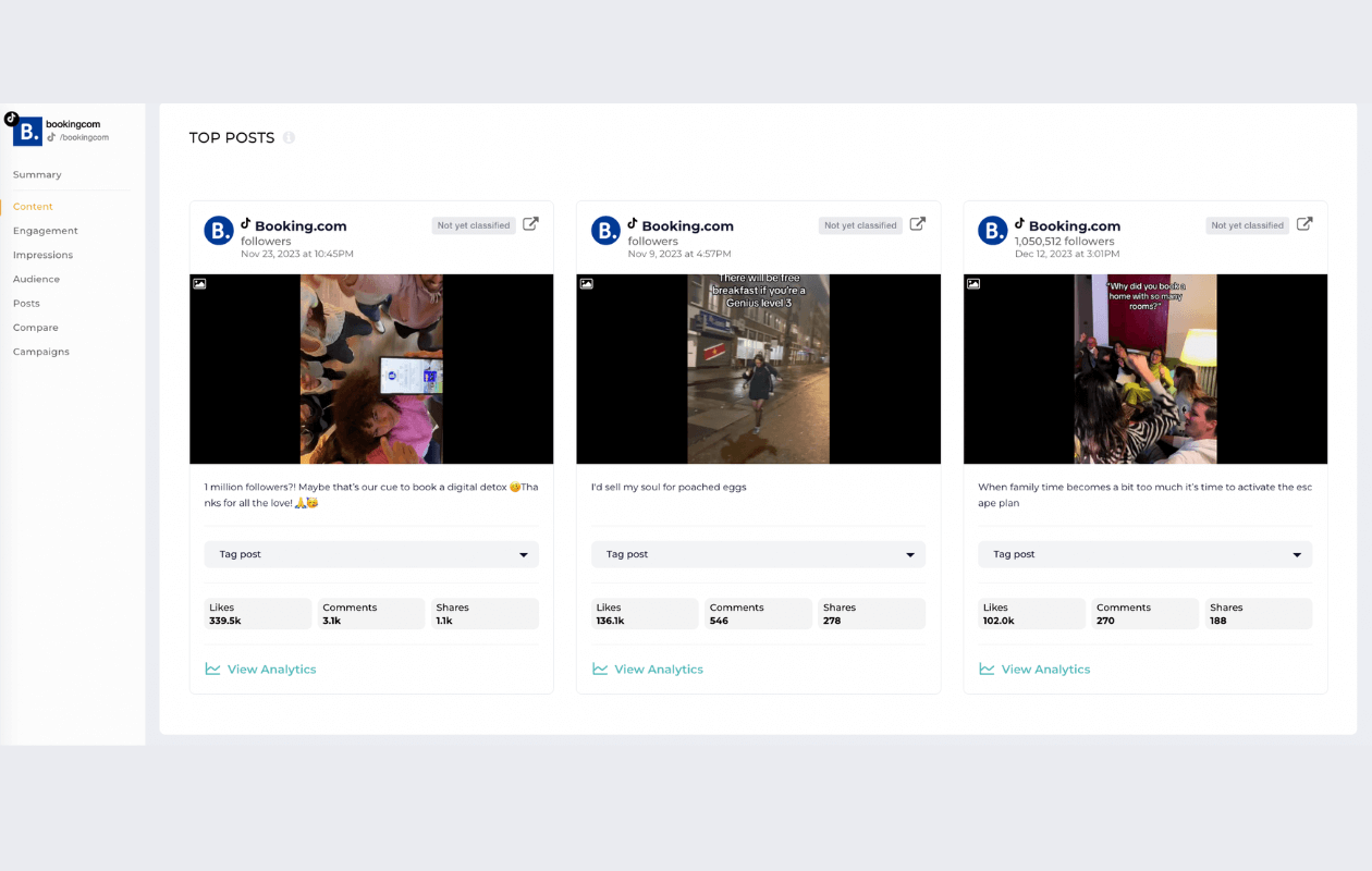 this is a screenshot from socialinsider's dashboard showing top 3 posts for booking tiktok