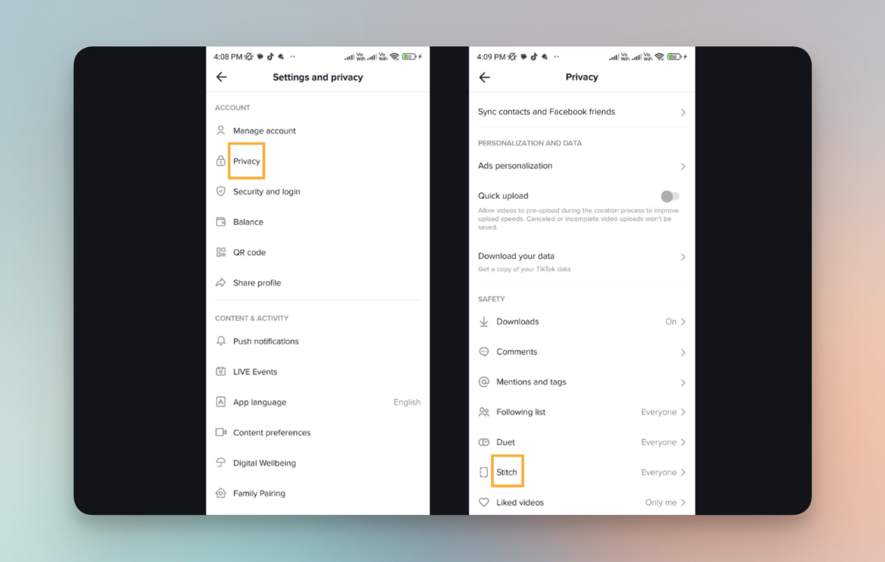 Here are some screenshots from TikTok showing how to chance Stitch's privacy options.