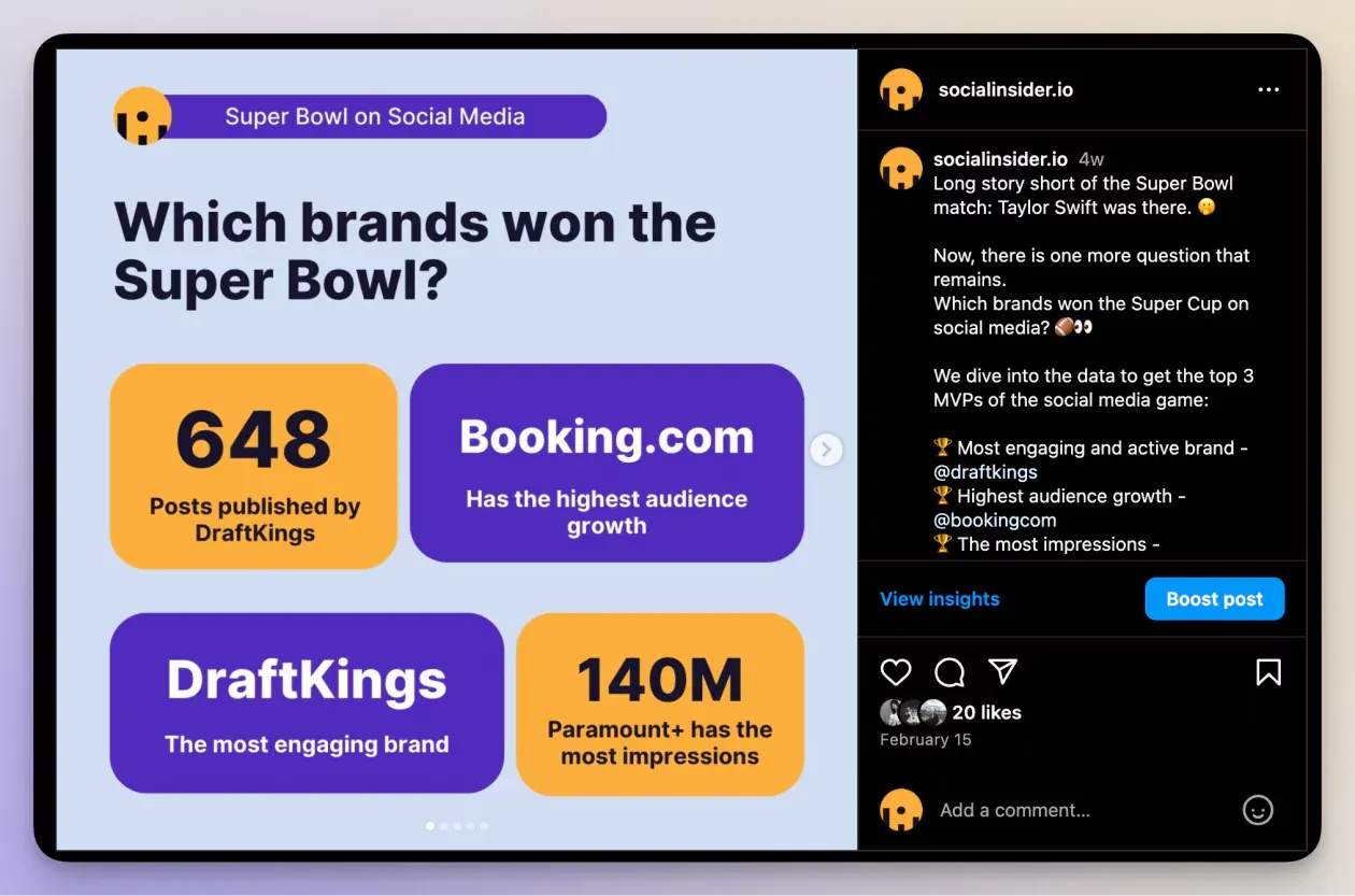 Instagram post showing which brands won the Superbowl on social media