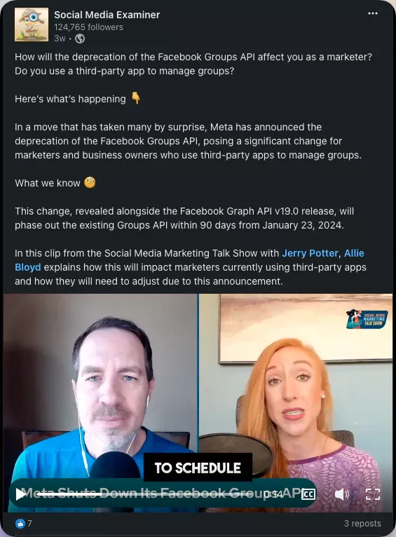Example of live videos - Social Media Examiner live on LinkedIn