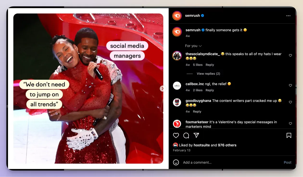 Usher and Alicia Keys superbowl meme for social media managers