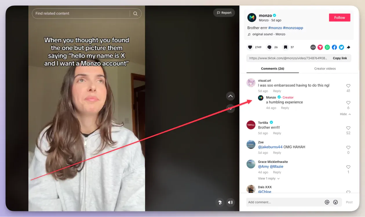 Example of Monzo TikTok account engaging with the community
