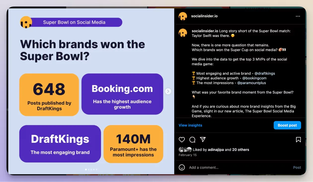 Socialinsider's Instagram carousel about SuperBowl