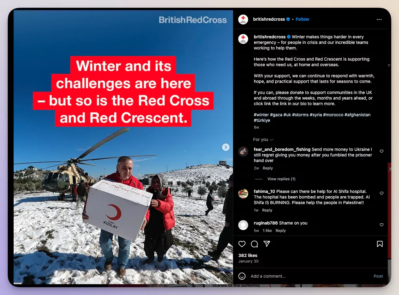 British Red Cross Instagram post for supporting people in need 