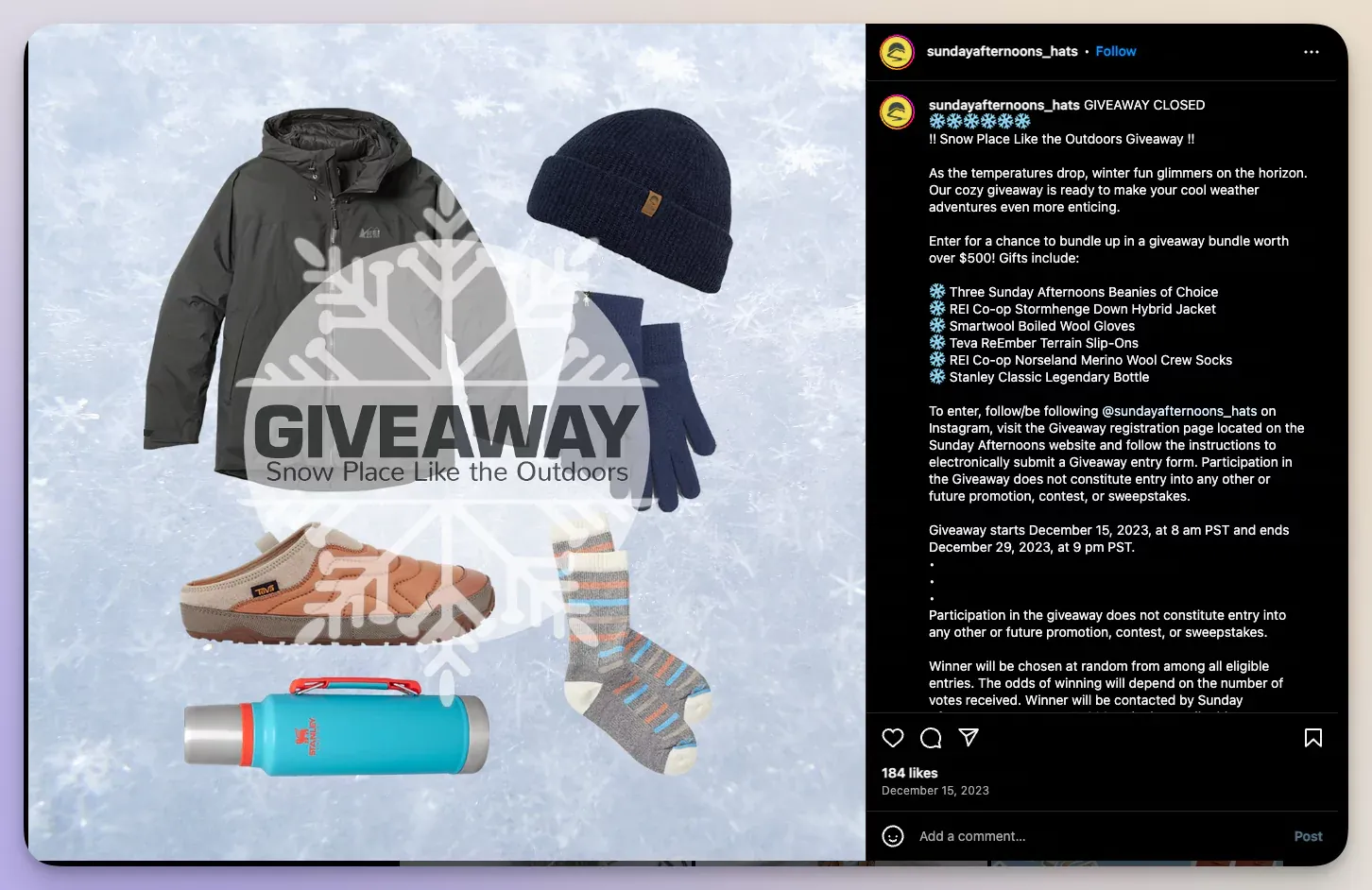 Sunday afternoon hats giveaway on Instagram