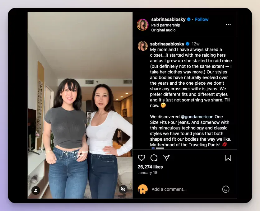Sabrina Sablosky's Instagram post partnership with Good American jeans