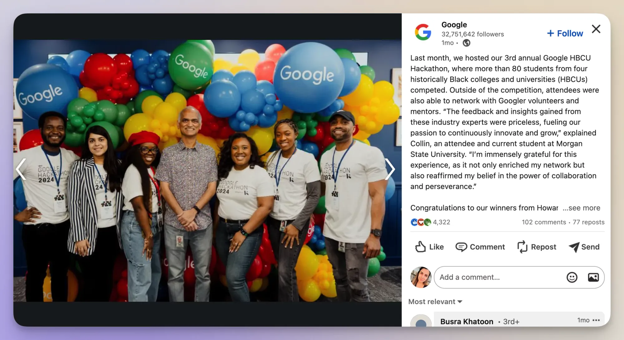 company culture as a linkedin post from google