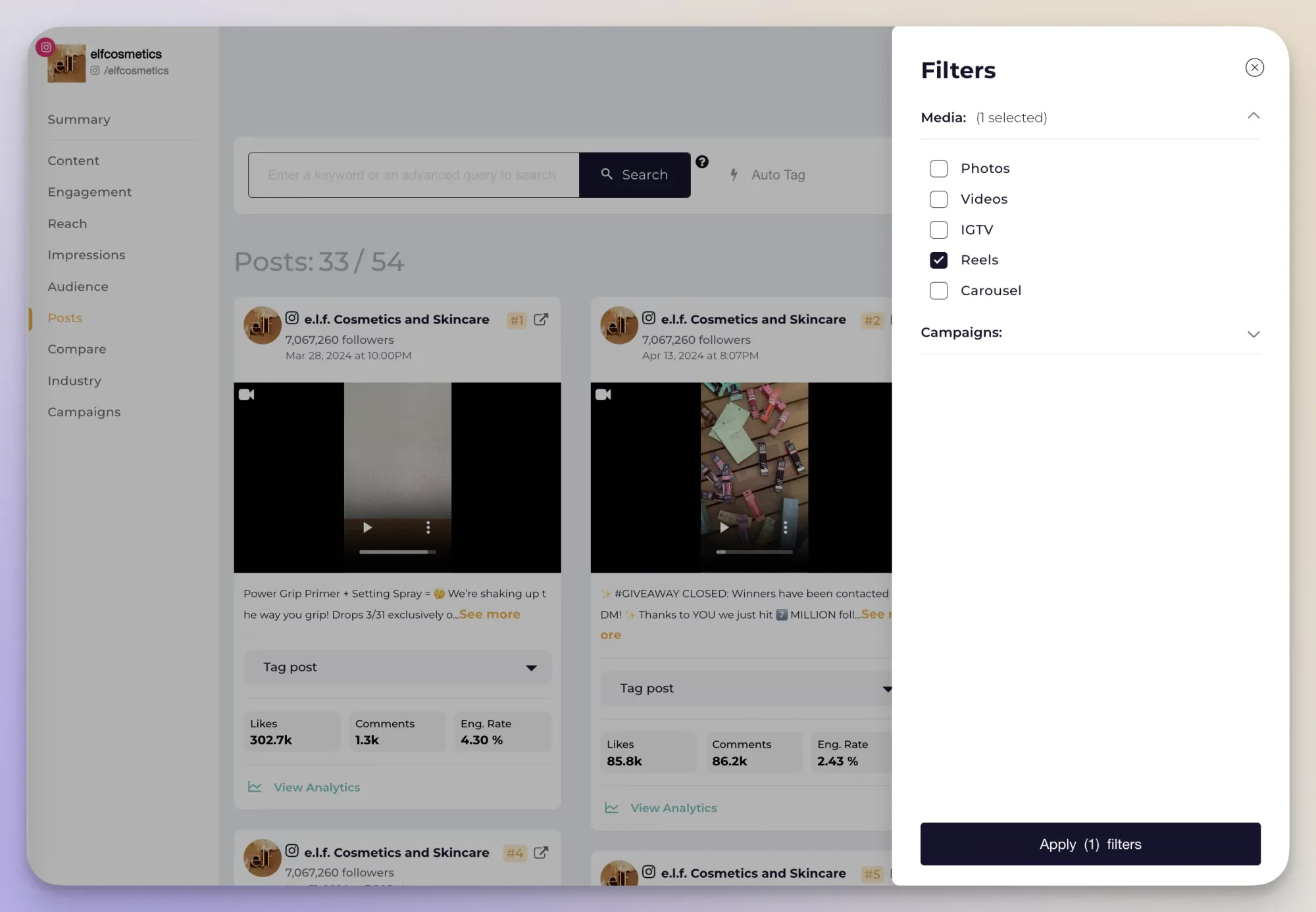 Socialinsider dashboard filter by media type 