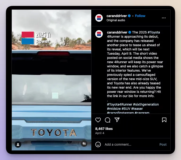 Toyota's new car reveal Instagram post idea