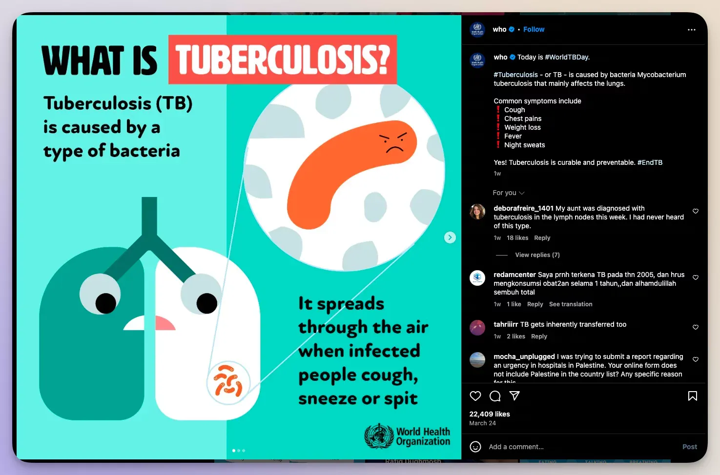 World Health Organisation Instagram post on Tuberculosis