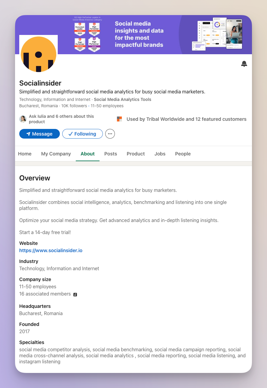 socialinsider linkedin company page