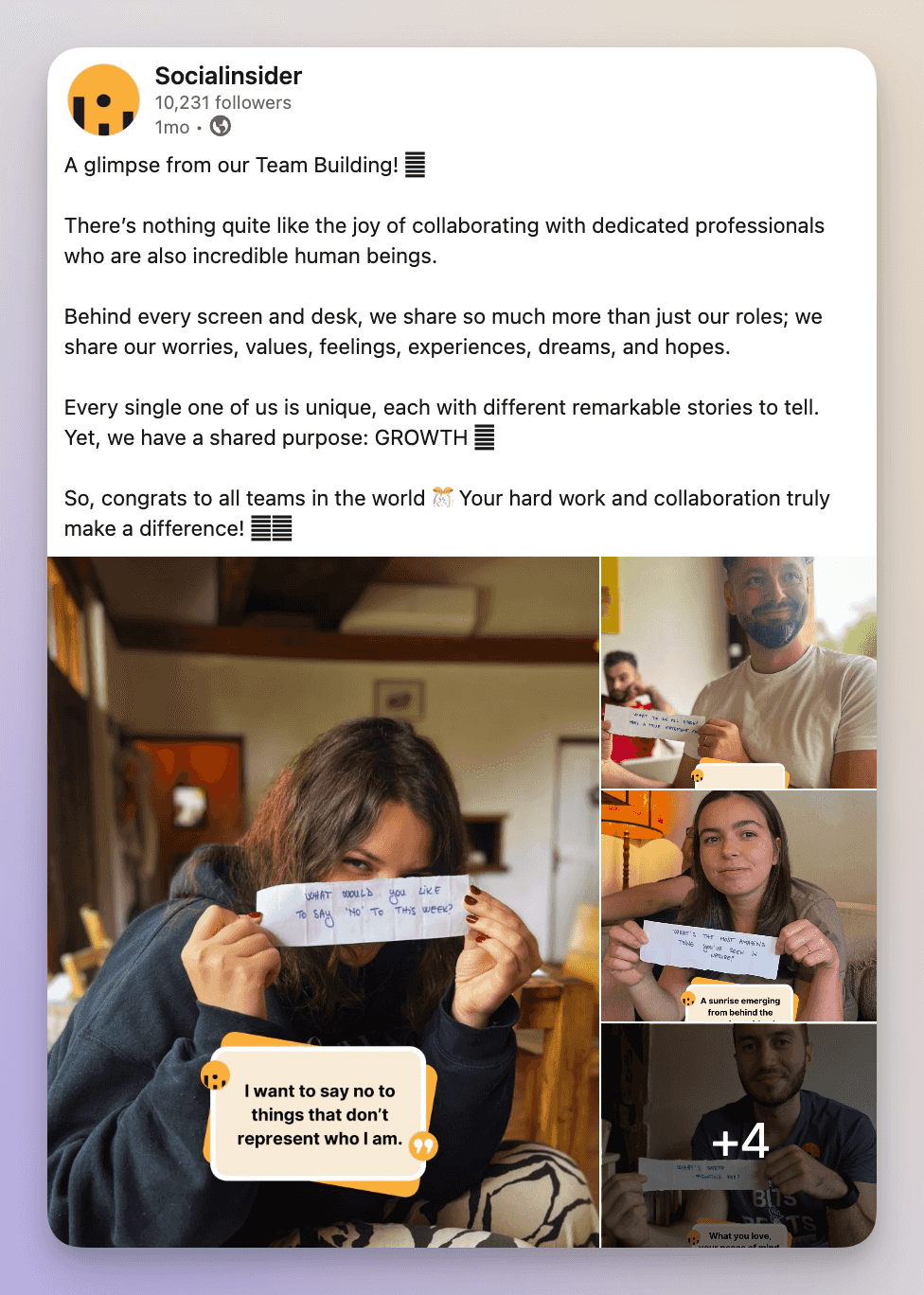 socialinsider teambuilding linkedin post