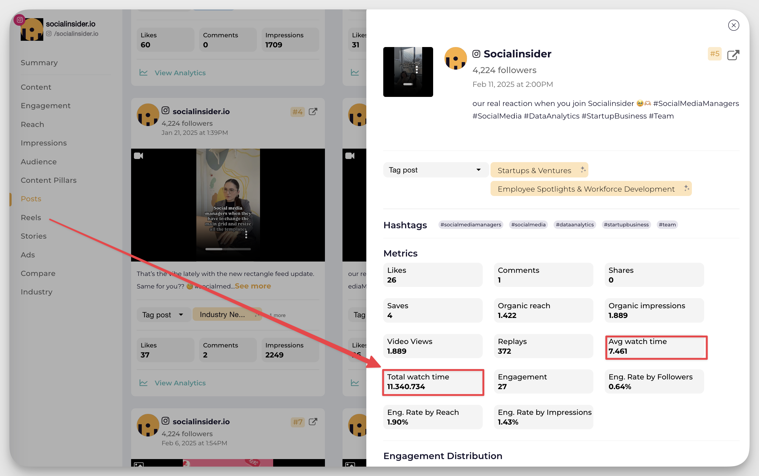 socialinsider reels analytics dashboard