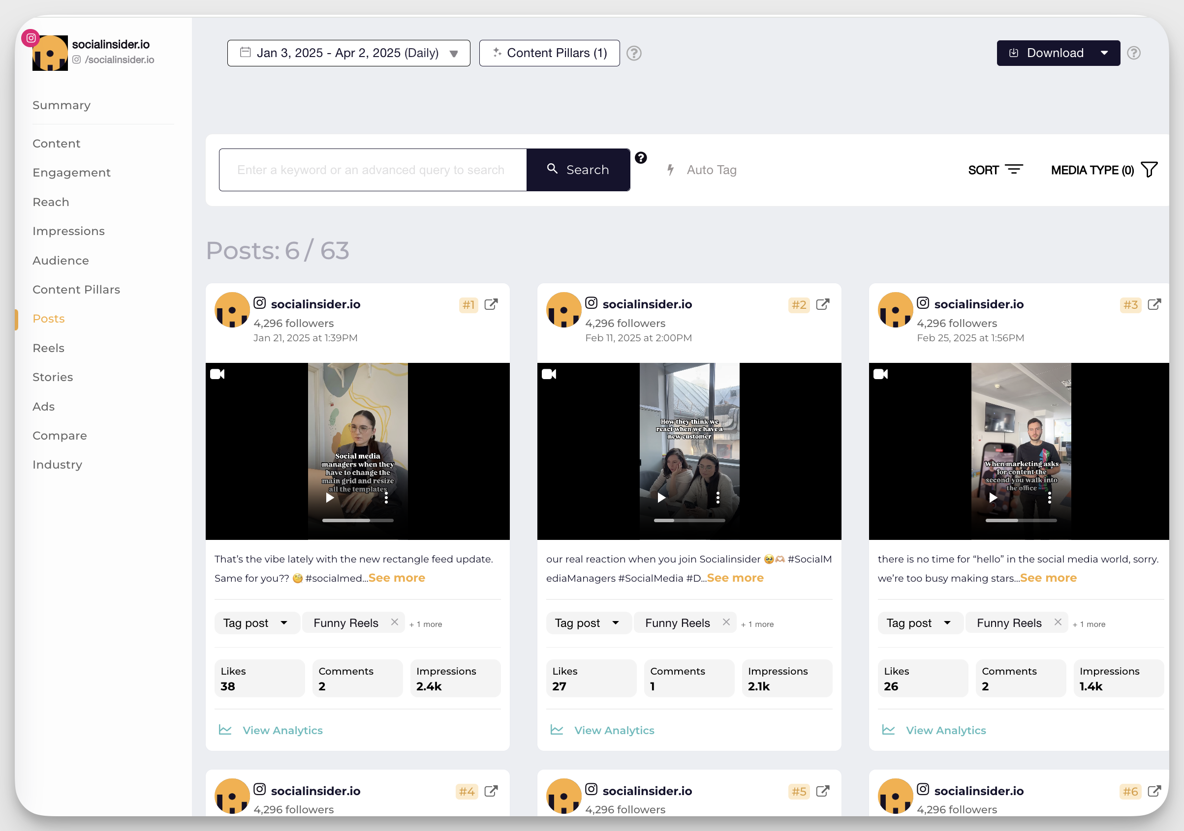socialinsider content pillars posts