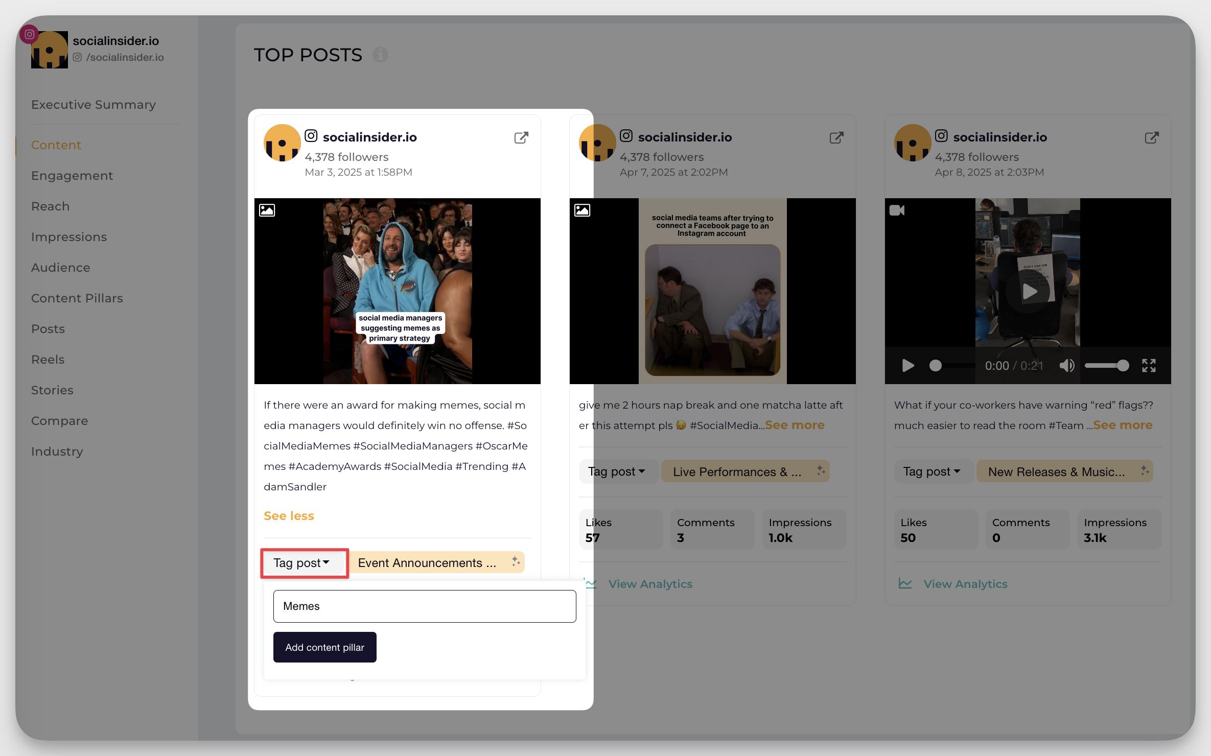 socialinsider instagram custom content pillars