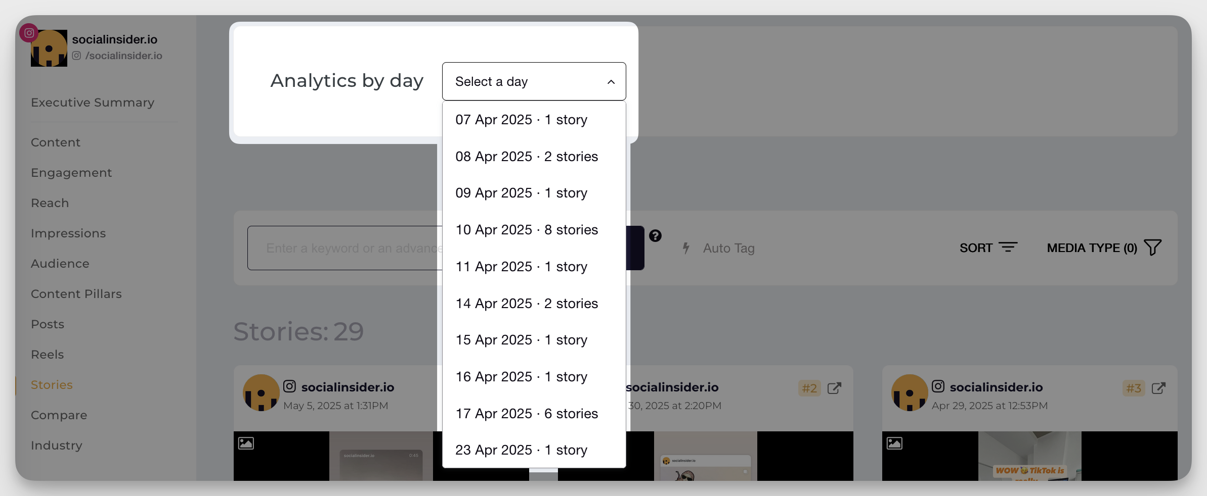 socialinsider instagram stories analytics by day