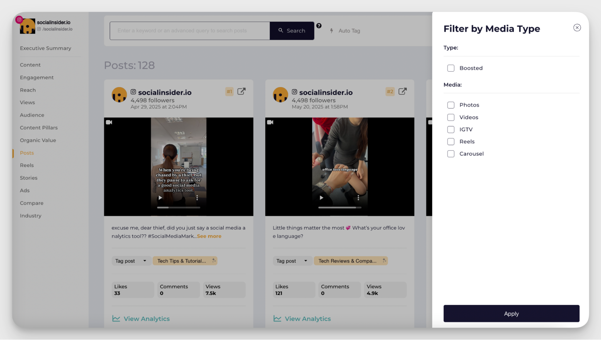 socialinsider posts filtering