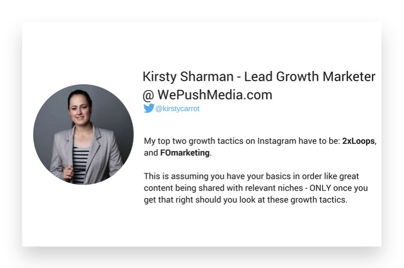 Kirsty Sharman from WePushMedia.com about growth hacking strategies on Instagram
