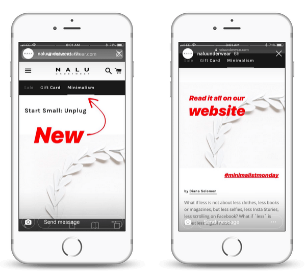 How Naluunderwear includes branded hashtags in Stories