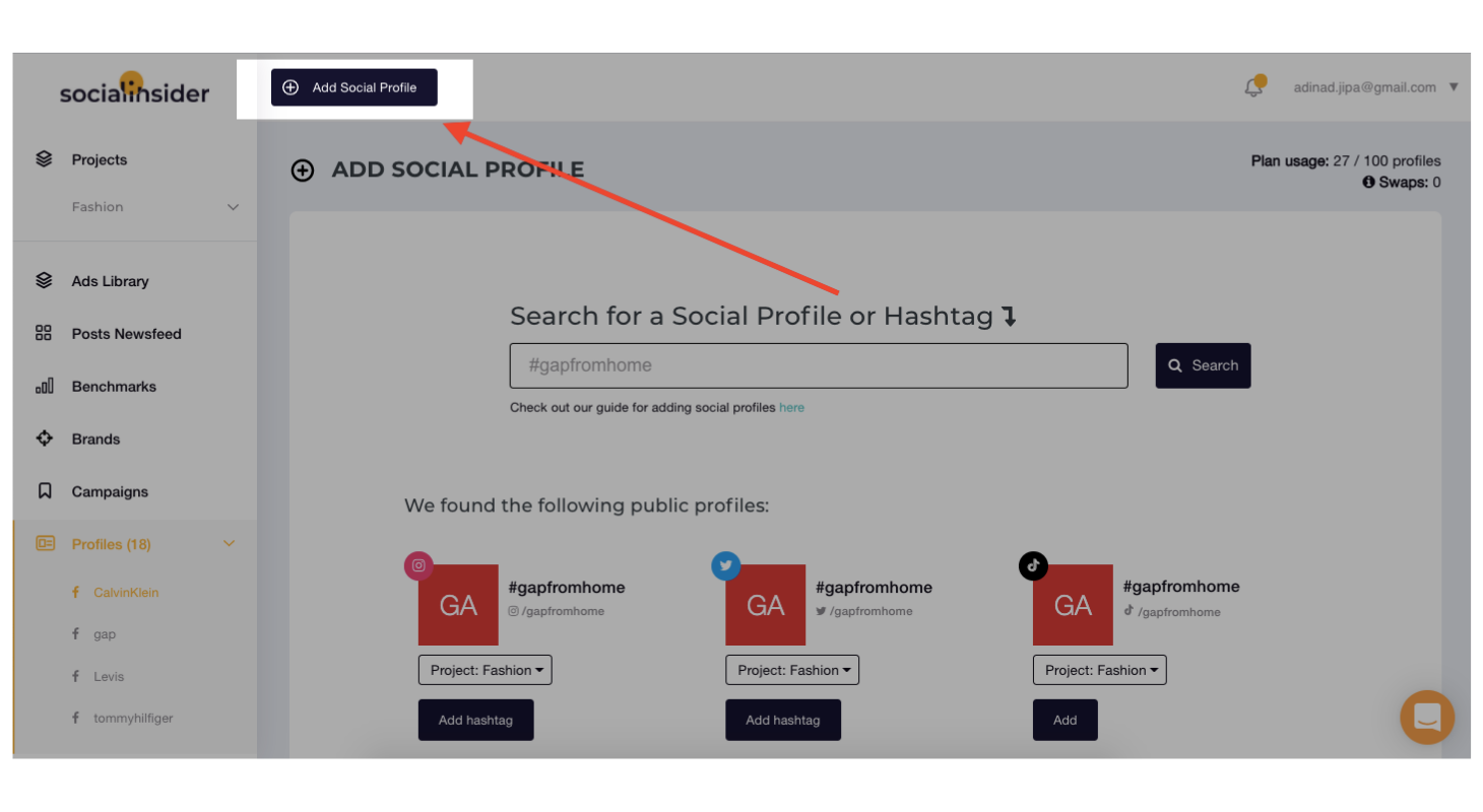 Step 1 - Click to 'Add Social Profile'