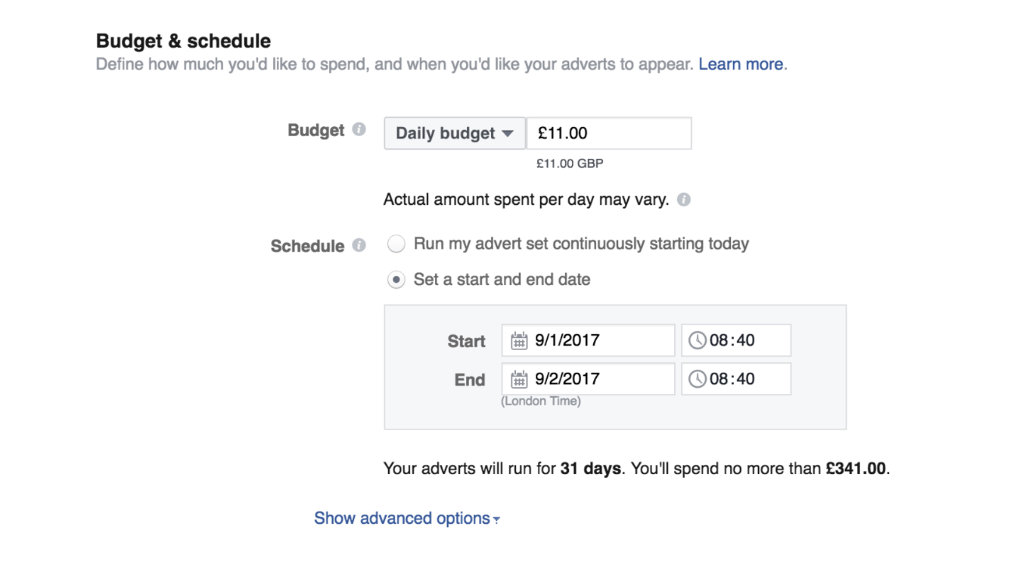 Select your facebook budget