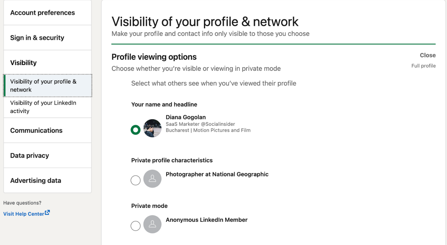 LinkedIn Visibility of Profile